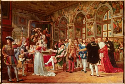 Wiek Francois I: Francois I król Francji otrzymał obraz Świętej Rodziny w Fontainebleau, wysłany z Rzymu przez Rafaela (włoski malarz Raffaello sanzio) jako hołd dla jego wdzięczności. Po jego bokach wyróżniamy: (część po lewej stronie autorstwa Anicet Charles Gabriel Lemonnier