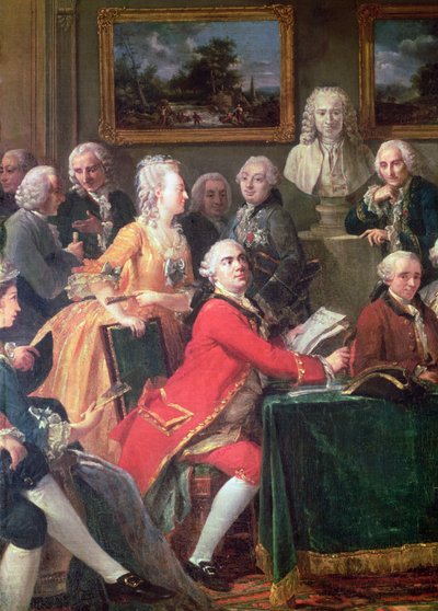 Wieczór w domu Madame Geoffrin fragment Lekaina i Mademoiselle Clairon, 1755 olej na płótnie autorstwa Anicet Charles Lemonnier