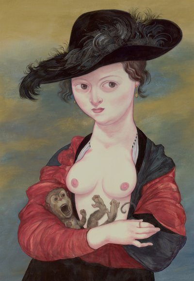 Portret damy z titi, 2016 (farba akrylowa na płycie ilustracyjnej) autorstwa Anita Kunz