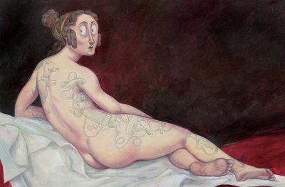 Leżący akt z tuszem, 2018 (farba akrylowa na płycie ilustracyjnej) autorstwa Anita Kunz