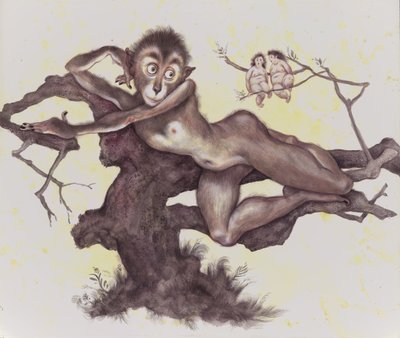 The Vervet In The Tree, 2019 (farba akrylowa na płycie ilustracyjnej) autorstwa Anita Kunz