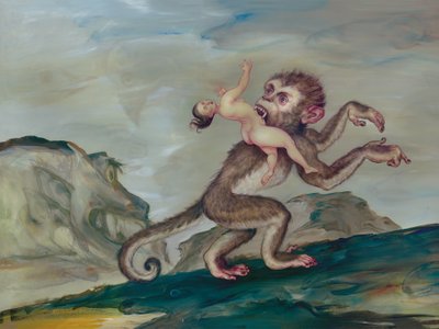 Woman Carried Off By Her Primate, 2018 (farba akrylowa na płycie ilustracyjnej) autorstwa Anita Kunz
