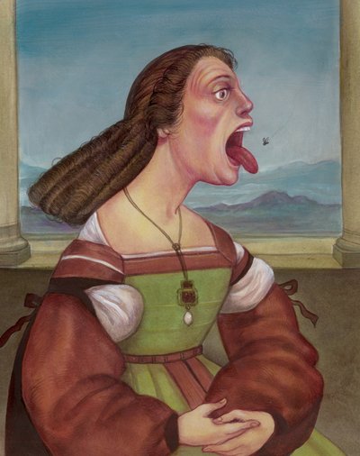 Kobieta jedząca muchę, 2018 (farba akrylowa na płycie ilustracyjnej) autorstwa Anita Kunz