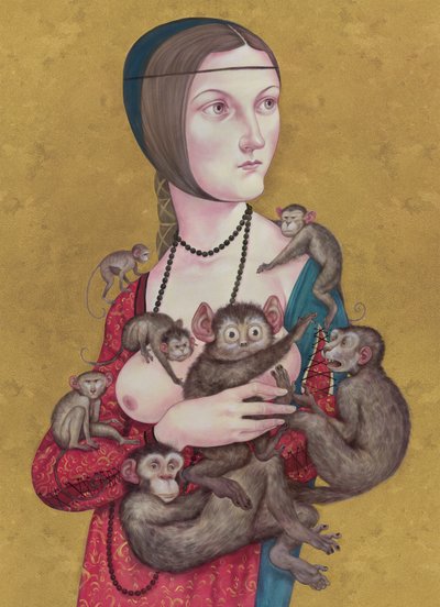 Kobieta z małpami, 2016 (farba akrylowa na płycie ilustracyjnej) autorstwa Anita Kunz