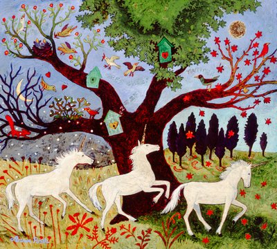 3 jednorożce przy drzewie autorstwa Anna Pugh