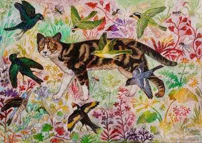 Tabby i ptaki, 2019 (akryl) autorstwa Anna Pugh