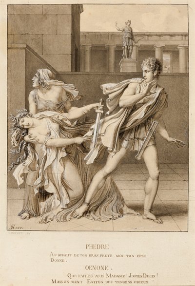 Fedra, po ogłoszeniu swojej męki, usiłuje zabić się mieczem Hipolita autorstwa Anne-Louis Girodet de Roucy-Trioson