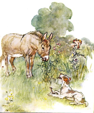 „Porozmawiałem z Ponto, który przyszedł na moje pole z kością”, ilustracja z „The Naughty Neddy Book”, wydanej przez Thomasa Nelsona und Sons, lata 20. autorstwa Anne Anderson