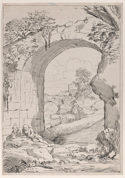 Krajobraz z mostem, XVIII wiek. autorstwa Anne Claude Philippe de Caylus