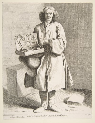 Handlarz noży, nożyczek i grzebieni, 1742. autorstwa Anne Claude Philippe de Caylus