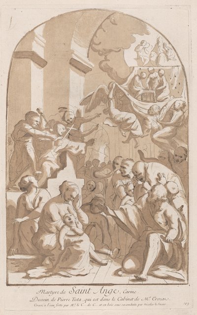 Męczeństwo św. Anioła, który w lewym górnym rogu jest dźgnięty nożem obserwowany przez horror..., 1729-64. autorstwa Anne Claude Philippe de Caylus