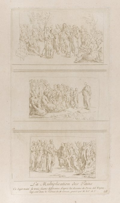 Trzy odrębne studia dotyczące cudów bochenków, ukazujące Chrystusa stojącego w d..., ok. godz. 1729-40. autorstwa Anne Claude Philippe de Caylus