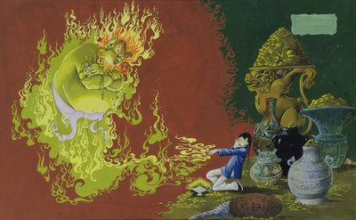 Aladyn, ilustracja ze Złotego Medalu Dziekana Book of Fairy, Tales Number 2 wyd. Dean & Sons Ltd., 1965 (gwasz na papierze barwionym) autorstwa Anne Grahame Johnstone