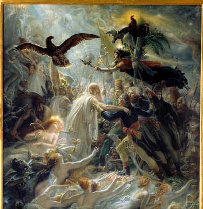 Apoteoza francuskich bohaterów, którzy zginęli za ojczyznę podczas wojny Liberte, hołd złożony Napoleonowi Bonaparte Alegorie reprezentujący barda Osjana, szkockiego poetę III wieku czytanego przez Napoleona, który witał Ludwika Karola Antoniego Desaix de  autorstwa Anne Louis Girodet de Roucy Trioson