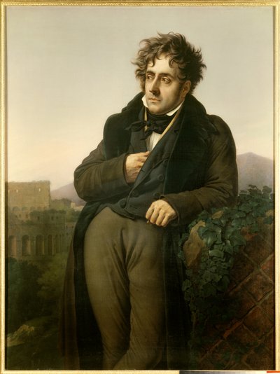 Portret Francois Rene, wicehrabiego Chateaubriand (1768-1848) medytującego nad ruinami Rzymu przed widokiem na Colise autorstwa Anne Louis Girodet de Roucy Trioson