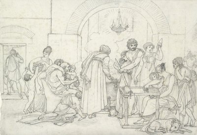 Rustykalne wnętrze w starożytności (czarna kreda na drobnoziarnistym białym papierze) autorstwa Anne Louis Girodet de Roucy Trioson