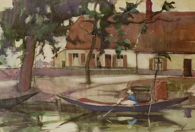 Łódź na kanale, francuska wioska autorstwa Anne Redpath