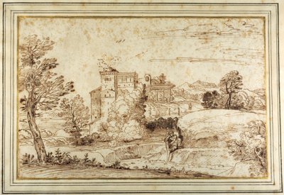 Krajobraz z zamkiem i ruinami klasycznego portyku (pióro i brązowy tusz na papierze) autorstwa Annibale (follower of) Carracci