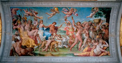 Bachus (Dionizos, Bacco) wraca na swoim czołgu z Indii i spotyka Ariane porzuconą przez Thesee Fresco autorstwa Annibale Carracciego (Annibal Carrache) (1560-1609). 1597-1600 Rzym, Pałac Farnese autorstwa Annibale Carracci