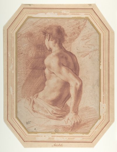 Widok od tyłu siedzącego nagiego młodzieńca zwróconego w lewo autorstwa Annibale Carracci