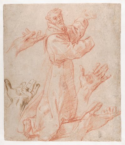 Carracci - Studia nad postacią świętego Franciszka klęczącego w widoku z trzech ćwiartek i nad jego dłońmi (recto), 1583-85 autorstwa Annibale Carracci