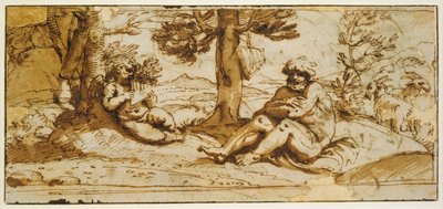 Flötenspielender Amor und Silenus in einer arkadischen Landschaft autorstwa Annibale Carracci