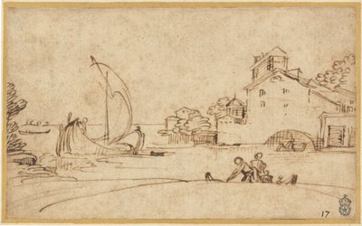 Krajobraz z postaciami przy ujściu rzeki z żaglówkami autorstwa Annibale Carracci