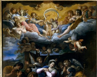 Adoracja pasterzy Szczegół przedstawiający koncert niebiańskich aniołów śpiewających chwałę Boga. Obraz Annibale Carracci lub Annibal Carrache (1560-1609). 1597. Orlean, Muzeum Sztuk Pięknych. autorstwa Annibale Carracci