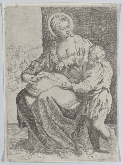 Siedząca Dziewica trzymająca poduszkę na kolanach z młodym Chrystusem stojącym po prawej..., 1580-1600. autorstwa Annibale Carracci