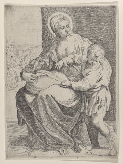 Siedząca Dziewica trzymająca poduszkę na kolanach z młodym Chrystusem stojącym po prawej..., 1580-1600. autorstwa Annibale Carracci