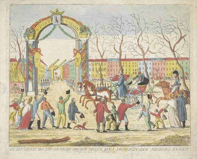 Przybycie księcia Orańskiego w Hadze, 1813 Przybycie Jego Królewskiej Wysokości Willema den 1 souveryn der Nederlanden benne S: Hage 30 listopada 1813 (tytuł na obiekcie) autorstwa Anonymous