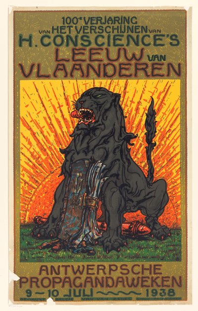 Plakat z okazji stulecia publikacji De Leeuw van Vlaanderen autorstwa Henri Conscience 100. rocznica wydania Lwa Flandrii H. Conscience (tytuł na obiekcie) autorstwa Anonymous