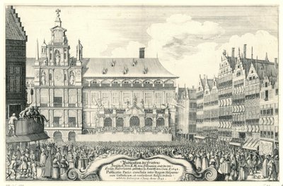 Afkondiging van de Vrede van Munster te Antwerpia, 1648 Publikacja Pokoju Między Waszym K.M. Hiszpanii i de[r] zjednoczonej Holandii. sporządzono w Antorff, 5 czerwca, A.O. 1648 (tytuł na obiekcie) Publicatio Pacis, conclusae inter Regem His autorstwa Anonymous