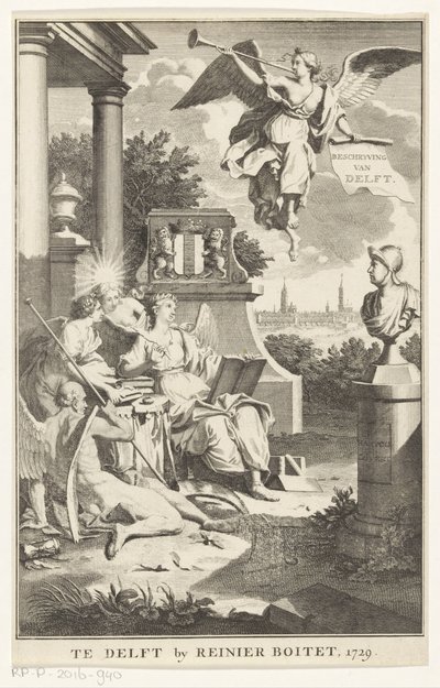 Alegoria Delft Opis Delft (tytuł na obiekcie) Strona tytułowa dla: S.n., Beschryving der stadt Delft, 1729 autorstwa Anonymous