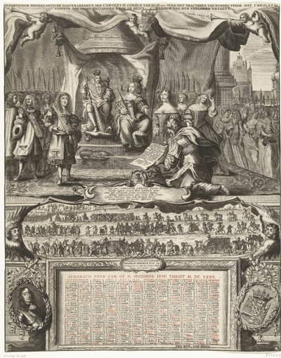 Alegoria pokoju z Anglią w 1674 roku i almanach na rok 1675 Vereenichde Nederlantsche danckbaerheyt, aen Carolus II. Coninck van Hisp. itd. o zawarciu pokoju z Karolem II. Coninck z Wielkiej Brytanii i Przywrócenie autorstwa Anonymous