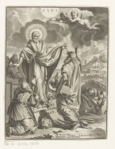 Alegoryczne przedstawienie z Chrystusem, Mojżeszem i klęczącą postacią Strona tytułowa dla: Frans Burman, Teologia, 1697 autorstwa Anonymous