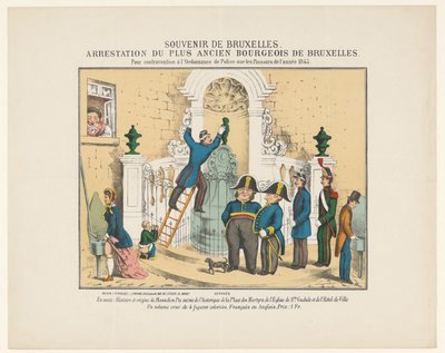 Aresztowanie Manneken Pis, 1845 Pamiątka z Brukseli. Aresztowanie najstarszego burżua w Brukseli. Za naruszenie Rozporządzenia Policyjnego w sprawie sikarzy z 1845 r. (tytuł na przedmiocie) autorstwa Anonymous
