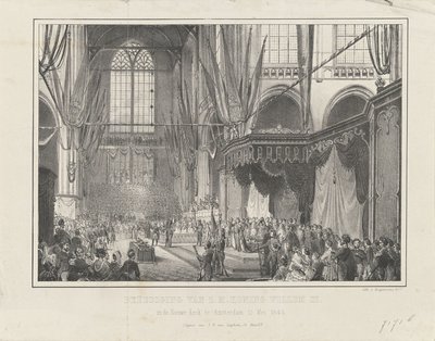 Zaprzysiężenie króla Wilhelma III. w Nieuwe Kerk w Amsterdamie 12 maja 1849 (tytuł na obiekcie) autorstwa Anonymous