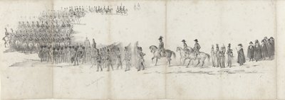 Pogrzeb zmarłego króla Willema II w Delft 4 kwietnia 1849 r. (strona 1) Pięć sąsiadujących ze sobą arkuszy konduktu pogrzebowego Wilhelma II w 1849 r. (tytuł serii) autorstwa Anonymous