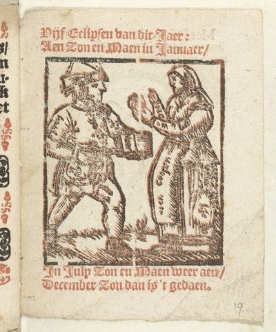 Strona ze stojącymi postaciami handlarza i kobiety, 1712 W którym Lidt de Maen jest / gdzie umrzesz / zostaw nago, chyba że jest to wielka notatka; Als Peste / Pleures is / ende sulck quaet / oock niet sonder des Meestersraet (tytuł obiektu) autorstwa Anonymous
