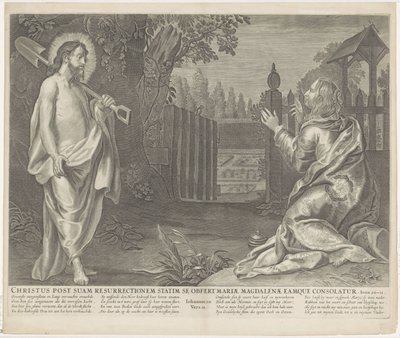 Christus verchicht als tuinman aan Maria Magdalena (Nie dotykaj mnie) Chrystus zaraz po zmartwychwstaniu przedstawia się Marii Magdalenie i pociesza ją (tytuł na przedmiocie) Royal Bijbel (tytuł serii) autorstwa Anonymous