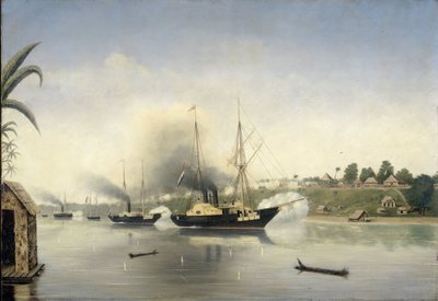 Ostrzelanie Kratonu sułtana Djambi przez rządowe okręty „Celebes”, „Admiraal van Kinsbergen” i „Onrust” 8 września 1858 r. autorstwa Anonymous