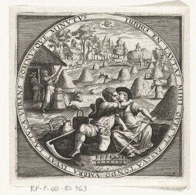 De maand juni, hooimaken, ca. 1600 De twaalf maanden van het jaar verbeeld in scènes uit het volksleven (tytuł serii) Schematy 12 miesięcy z ich operacjami i ich zastosowaniem do znaków zodiaku, podzielone na cztery części roku (tytuł serii na obiekcie) autorstwa Anonymous