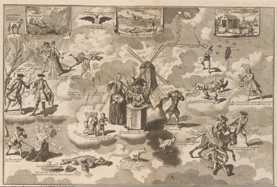 Pokonany akcjonista na dzwoniącym fotelu, 1720 Pokonany akcjonista na krześle z Rinkelsem za namową konia trojańskiego Lauwerda (tytuł na obiekcie) Wielka scena szaleństwa (tytuł serii) autorstwa Anonymous