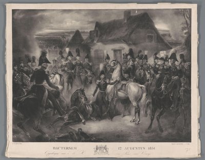 Wymiana rannego konia księcia Orańskiego (późniejszego króla Wilhelma II) podczas bitwy pod Boutersem, 12 sierpnia 1831 r. Bautersem 12 sierpnia 1831 (tytuł na obiekcie) autorstwa Anonymous