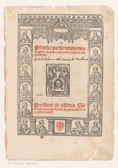Ramka dekoracyjna z piętnastoma uczonymi Strona tytułowa za: Luis Coronel, Physice perscrutationes, 1511 autorstwa Anonymous
