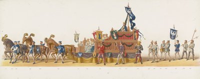 Procesja Delft z 1873 r. (ósma płyta) Procesja w kostiumach prowadzona przez członków Korpusu Studenckiego Delft w dniu 8 lipca 1873 roku, przedstawiająca wjazd Karela van Egmond, księcia Gelre, hrabiego Zutphen, do Arnhem w 1492 roku (seria autorstwa Anonymous