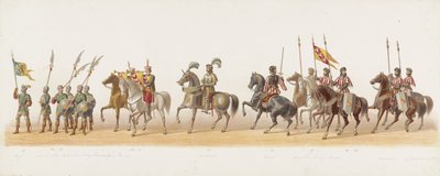 Procesja Delft z 1873 r. (czwarta płyta) Procesja w kostiumach prowadzona przez członków Korpusu Studenckiego Delft w dniu 8 lipca 1873 r., przedstawiająca wjazd księcia Gelre, księcia Gelre, hrabiego Zutphen, Karela van Egmonda, do Arnhem w 1492 r. (seria autorstwa Anonymous