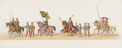 Procesja Delft z 1873 r. (piąta płyta) Procesja w kostiumach prowadzona przez członków Korpusu Studenckiego Delft w dniu 8 lipca 1873 r., przedstawiająca wjazd księcia Gelre, księcia Gelre, hrabiego Zutphen, Karela van Egmonda, do Arnhem w 1492 r. (seria t autorstwa Anonymous