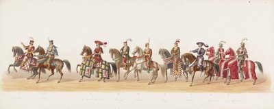 Procesja Delft z 1873 r. (siódma płyta) Procesja w kostiumach prowadzona przez członków Korpusu Studenckiego Delft w dniu 8 lipca 1873 roku, przedstawiająca wjazd Karela van Egmond, księcia Gelre, hrabiego Zutphen, do Arnhem w 1492 roku (seria autorstwa Anonymous